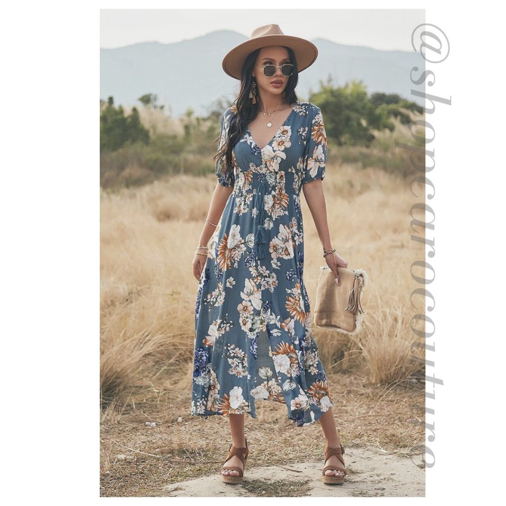 Floral V-Neck Midi Dress, NWT - TEAL